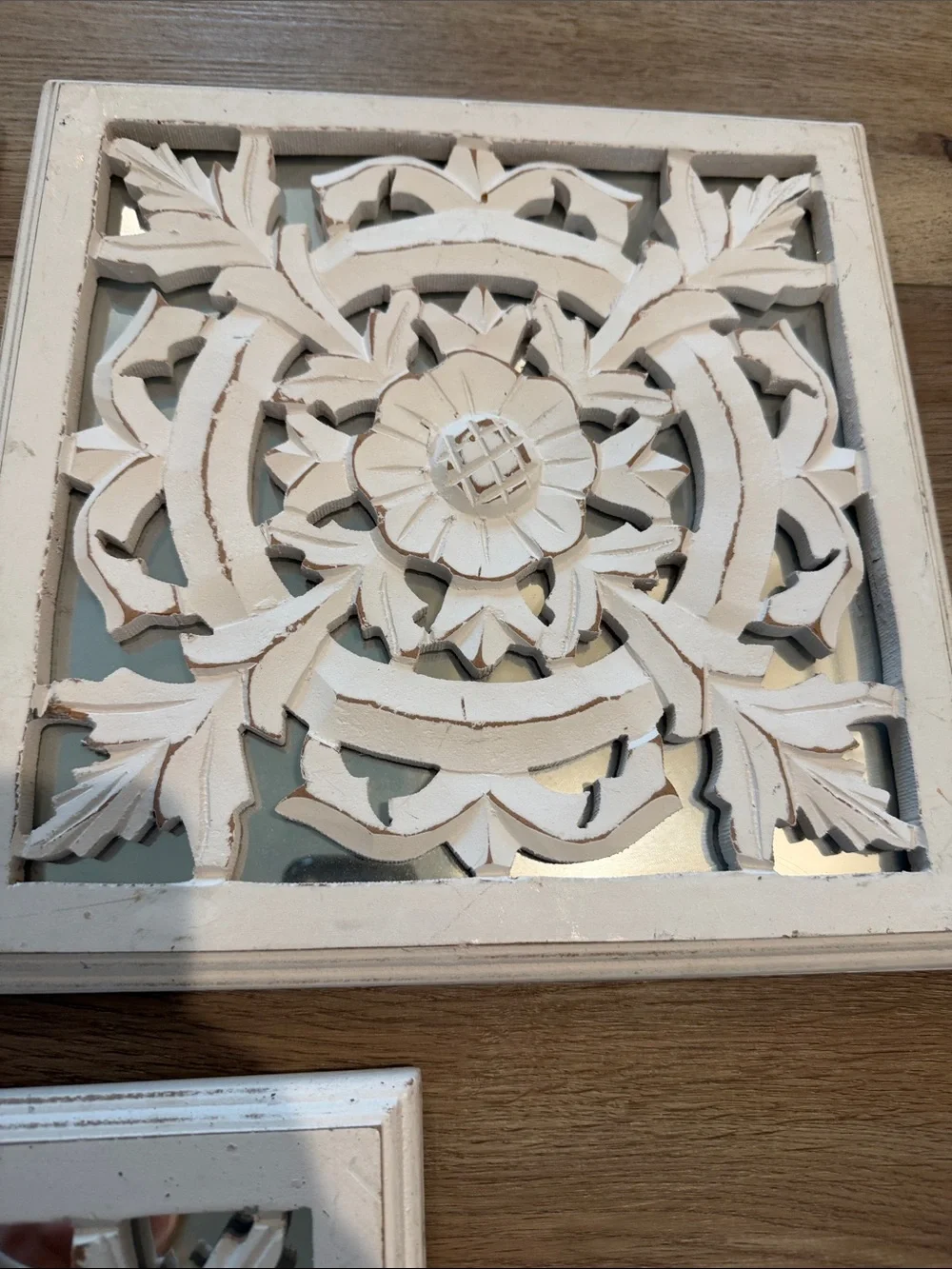 Decorative Carved Floral Rustic Boho Wall Plaques - White. Set of 3. Mirrored.